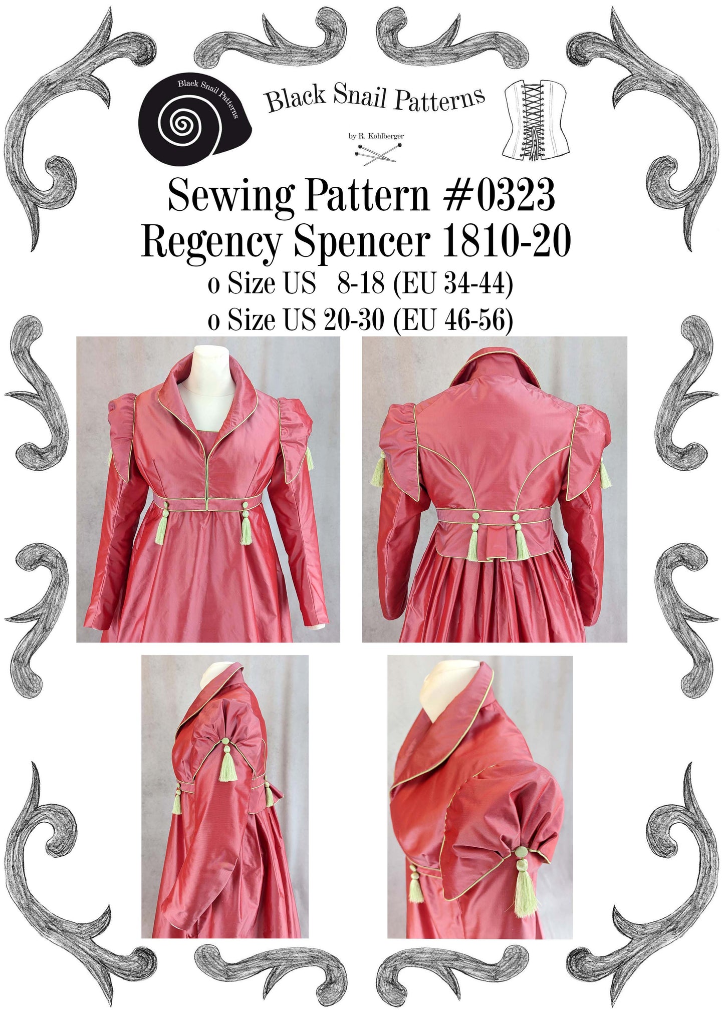 #0323 Regency Spencer 1810-20 Sewing Pattern Size US 8-30 (EU 34-56) PDF Download