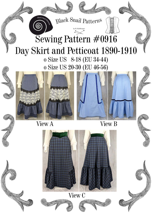 Edwardian Day Skirt and Petticoat from 1890 to 1910 including Belt Sewing Pattern #0916 Size US 8-30 (EU 34-56) PDF Download