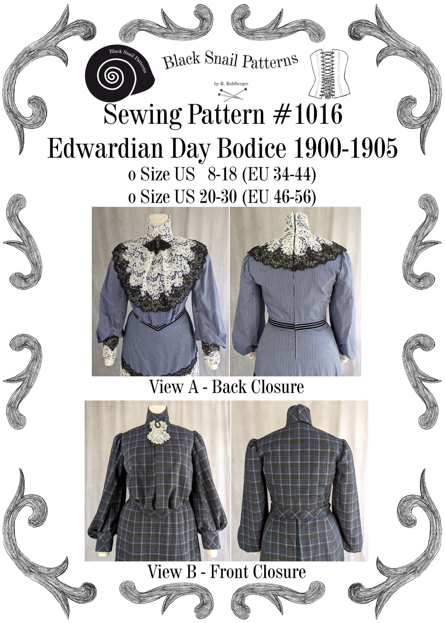 #1016 Edwardianische Tagestaille 1900 bis 1905 Schnittmuster Größe EU 34-56 PDF Download