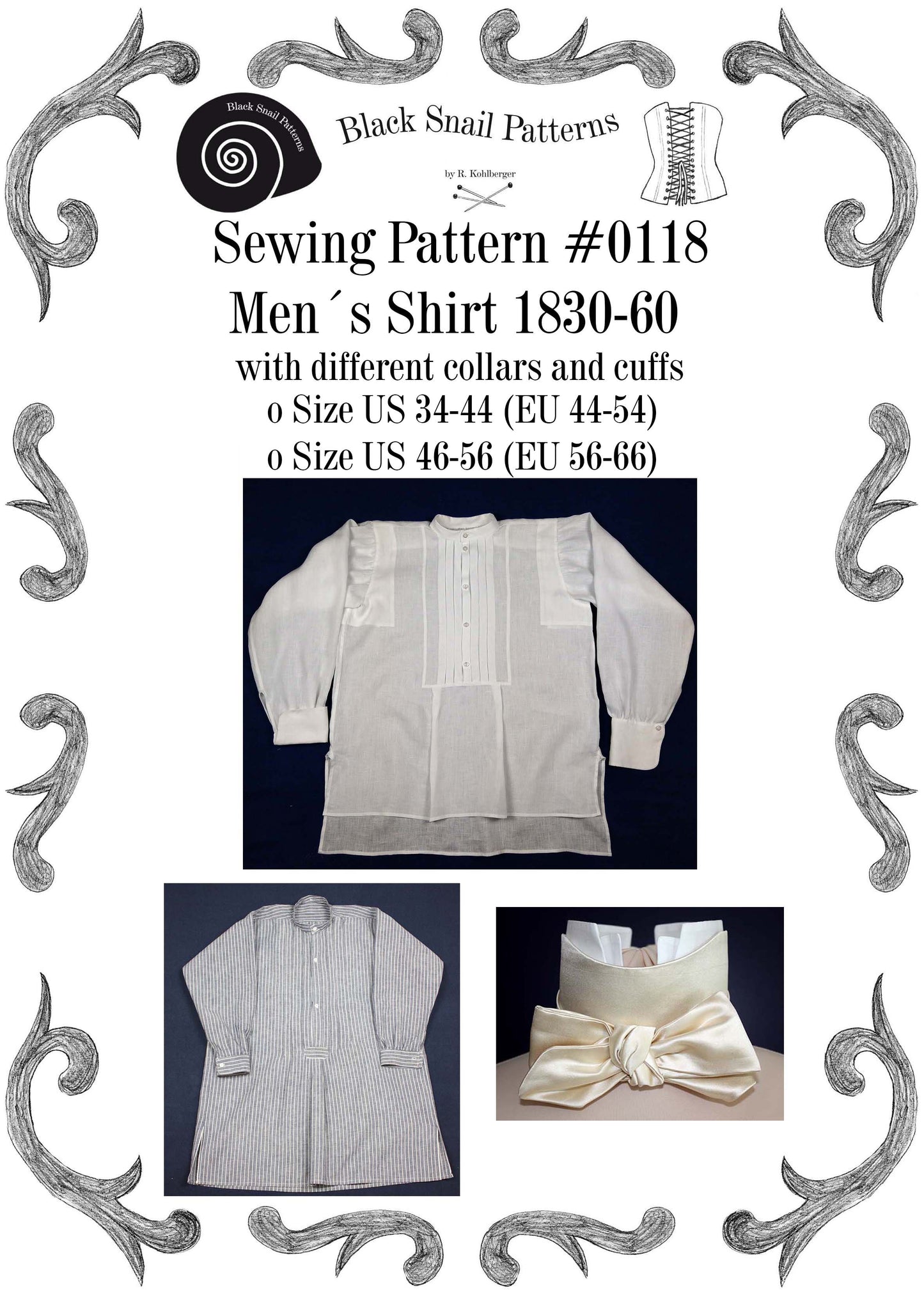 #0118 Mens Shirt and Stock Collar 1830-60 Sewing Pattern Size US 34-56 (EU 44-66) PDF Download