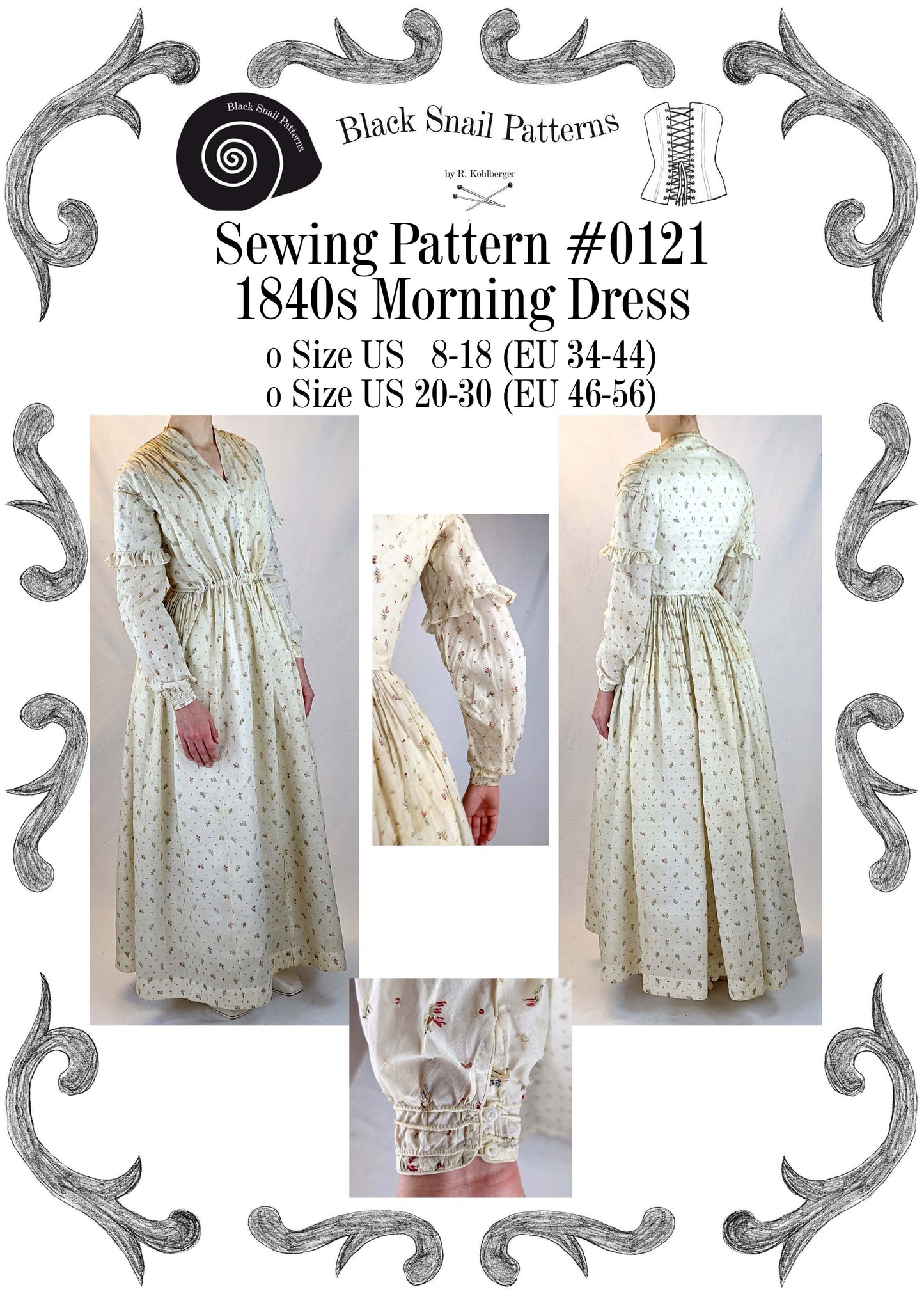 #0121 1840s Morning or Working Womans Dress Sewing Pattern Size US 8-30 (EU 34-56) PDF Download