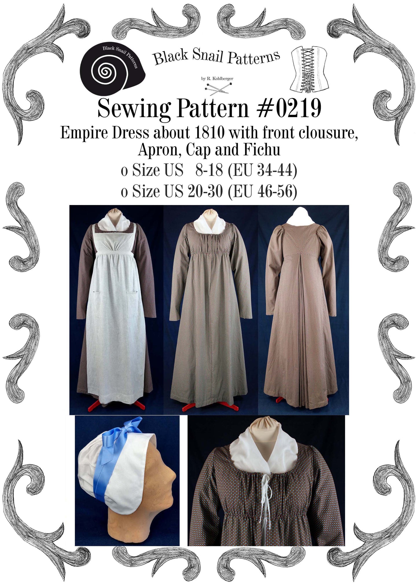 #0219 Empire / Regency dress with front clousure, apron, cap and fichu about 1810 Sewing Pattern Size US 8-30 (EU 34-56) PDF Download