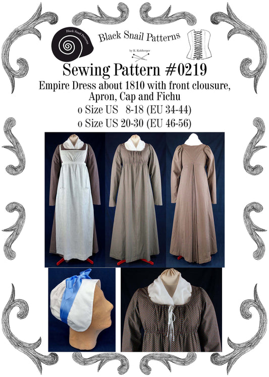 #0219 Empire / Regency dress with front clousure, apron, cap and fichu about 1810 Sewing Pattern Size US 8-30 (EU 34-56) PDF Download