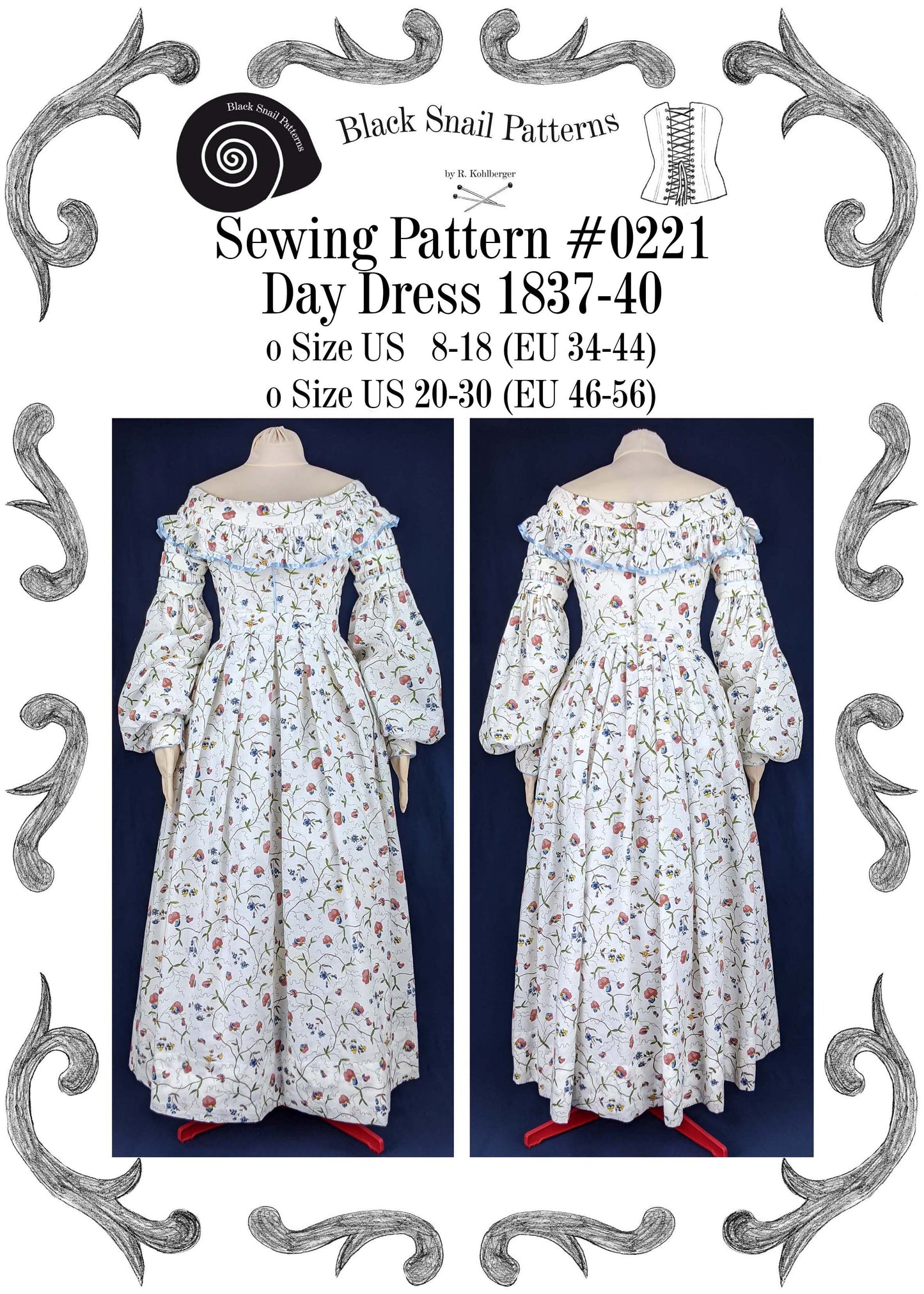 #0221 Day Dress 1837-40 Sewing Pattern Size US 8-30 (EU 34-56) PDF Download