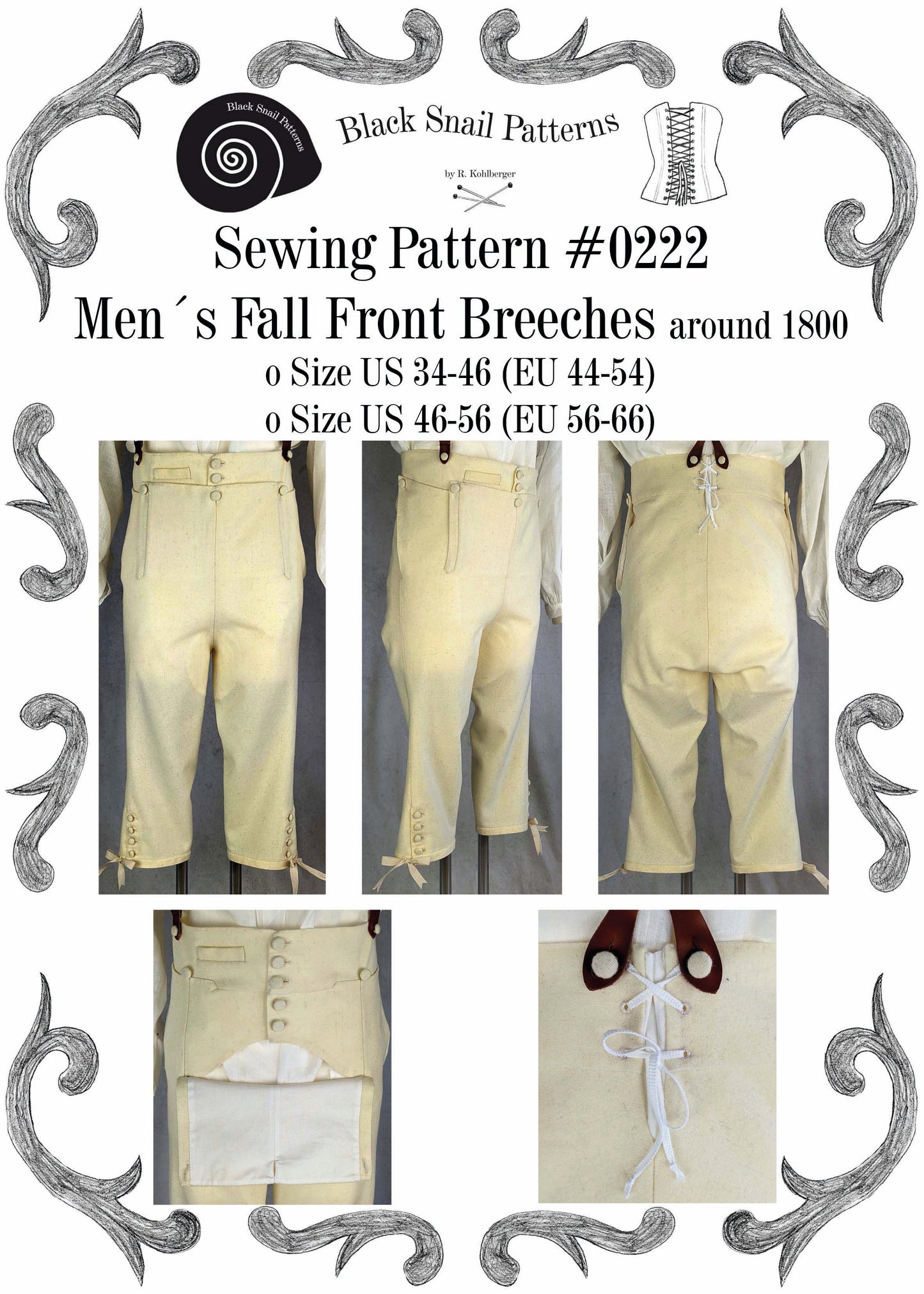 #0222 Empire Regency Mens Breeches around 1800 Sewing Pattern Size US 34-56 (EU 44-66) PDF Download