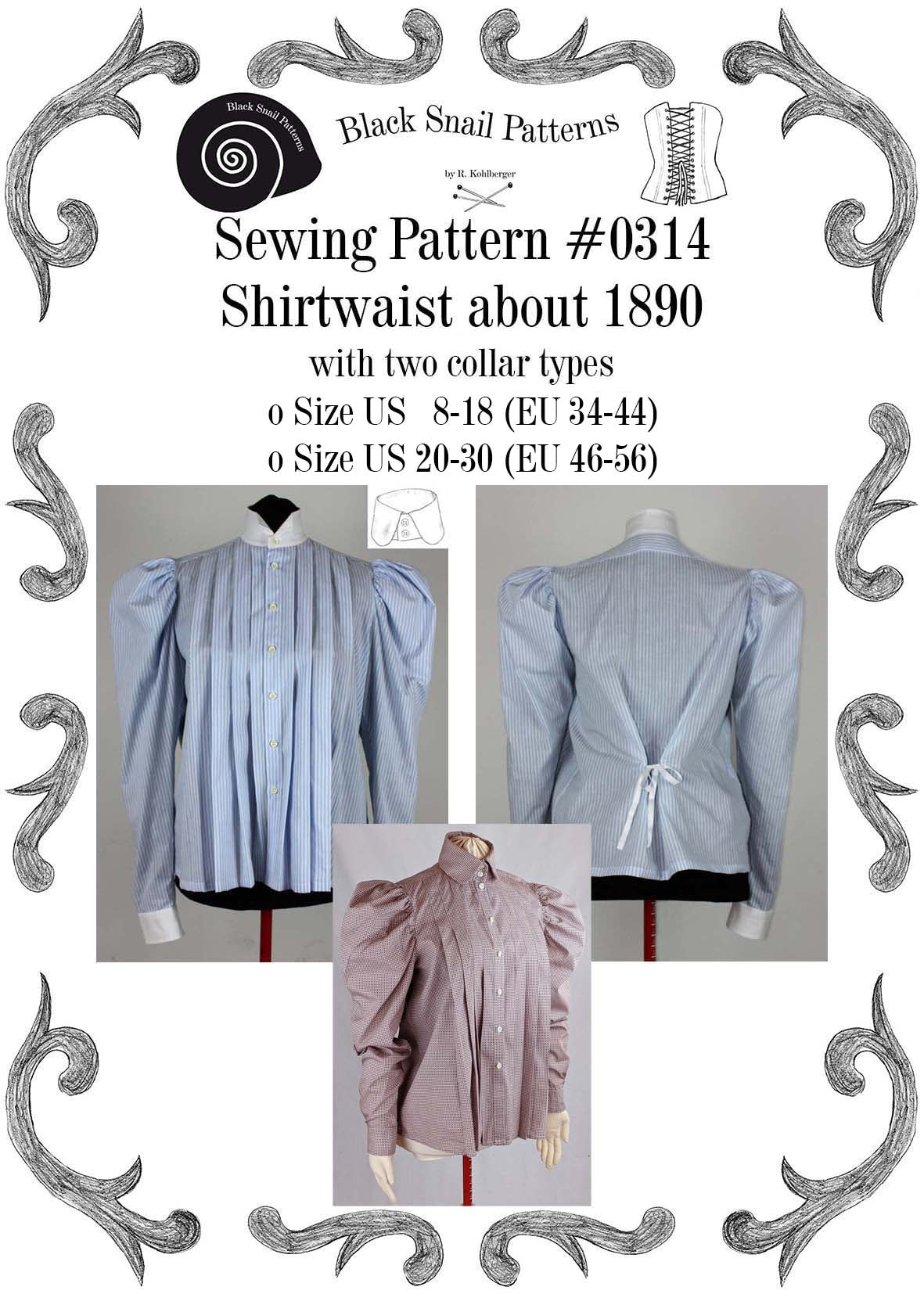 #0314 Edwardian Shirtwaist about 1890 with two collar types Sewing Pattern Size US 8-30 (EU 8-56) PDF Download