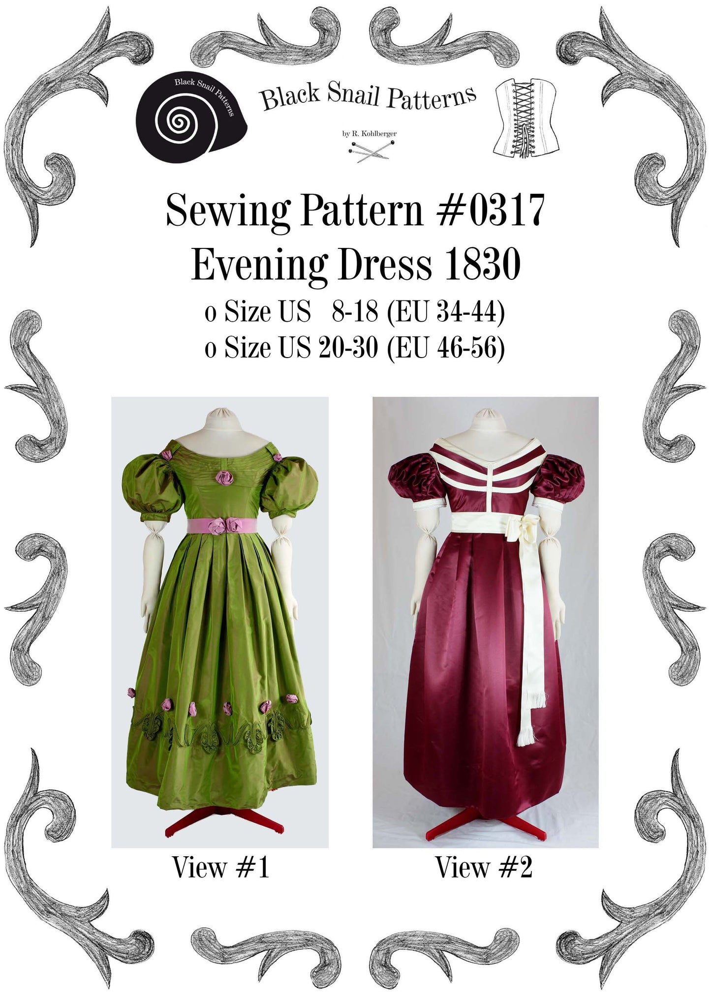 #0317 Biedermeier Evening Dress about 1830 Sewing Pattern Size US 8-30 (EU 34-56) PDF Download