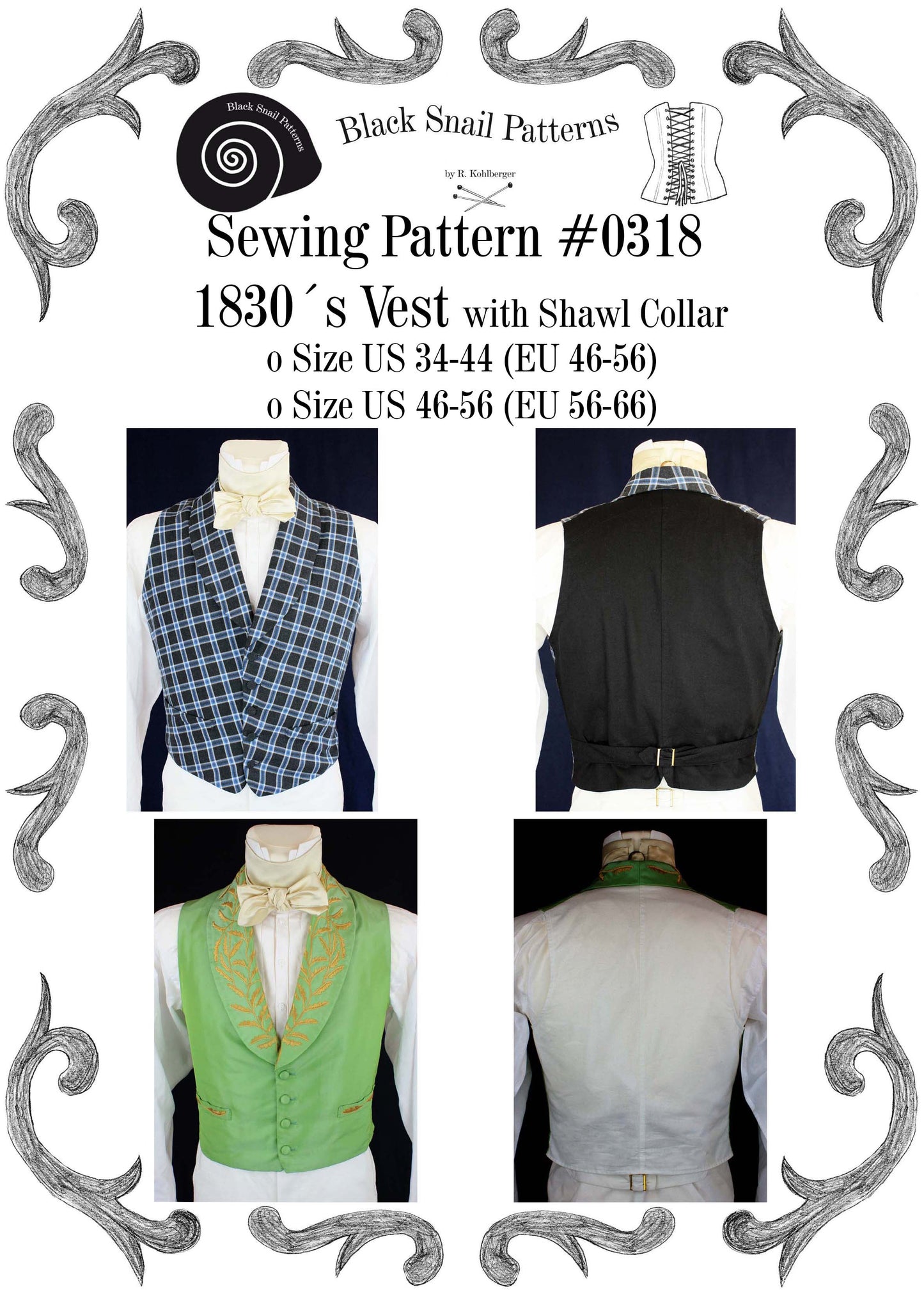 #0318 Romantic and Victorian Vest 1830 Sewing Pattern #0318 Size US 34-56 (EU 44-66) PDF Download