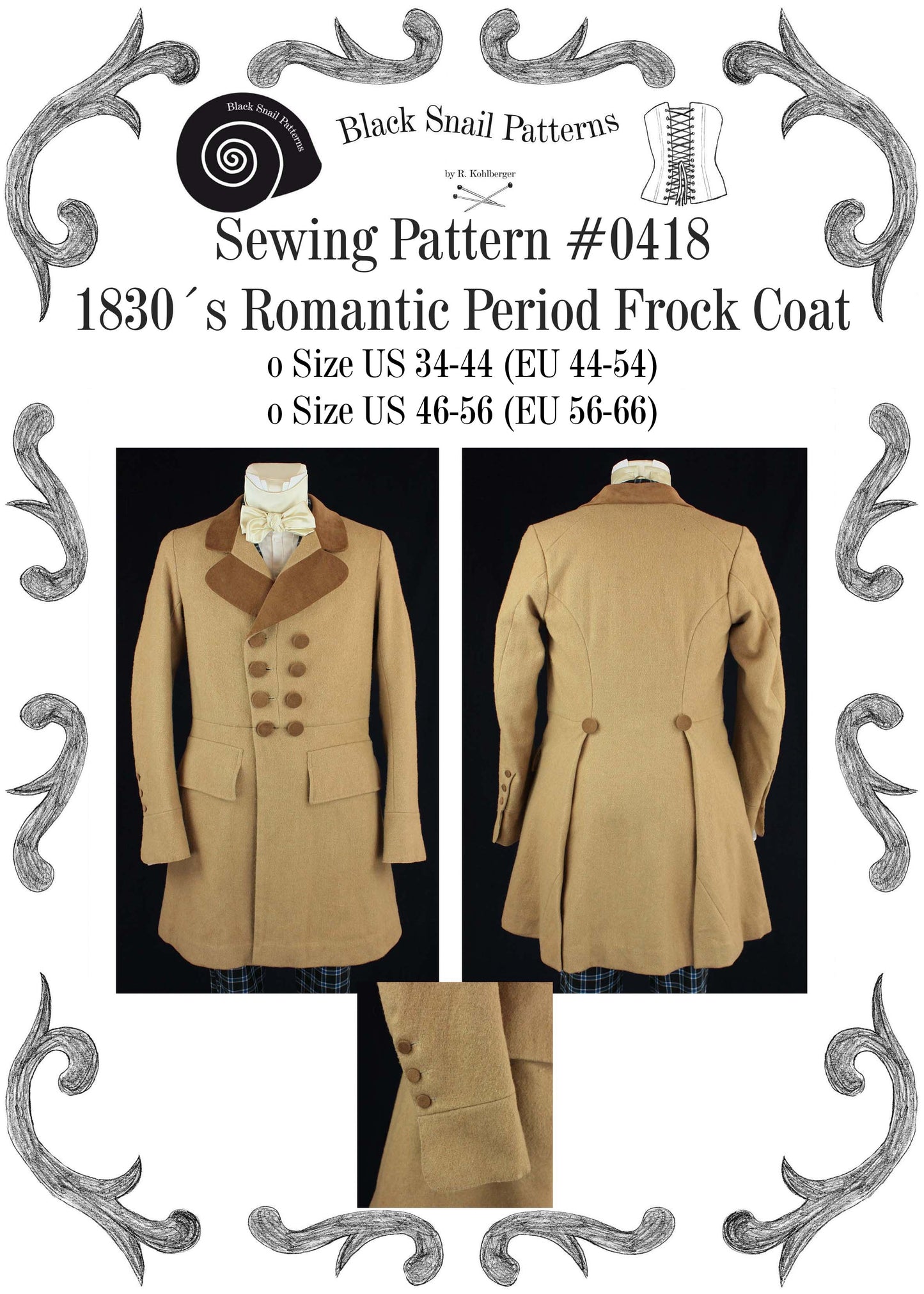 #0418 1830 Frock Coat Romantic period sewing pattern Size US 34-56 (EU 44-66) Download