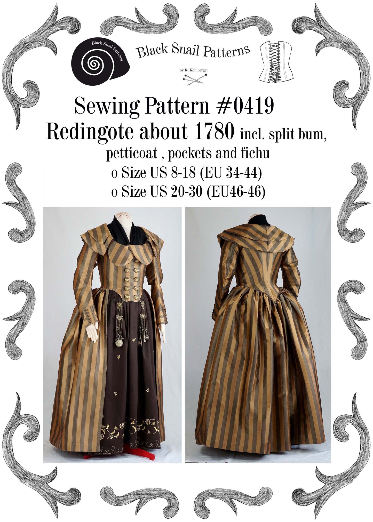 #0419 Redingote or Georgian dress about 1780 incl. split-bum, pockets and fichu Sewing Pattern Size US 8-30 (EU 34-56) PDF Download
