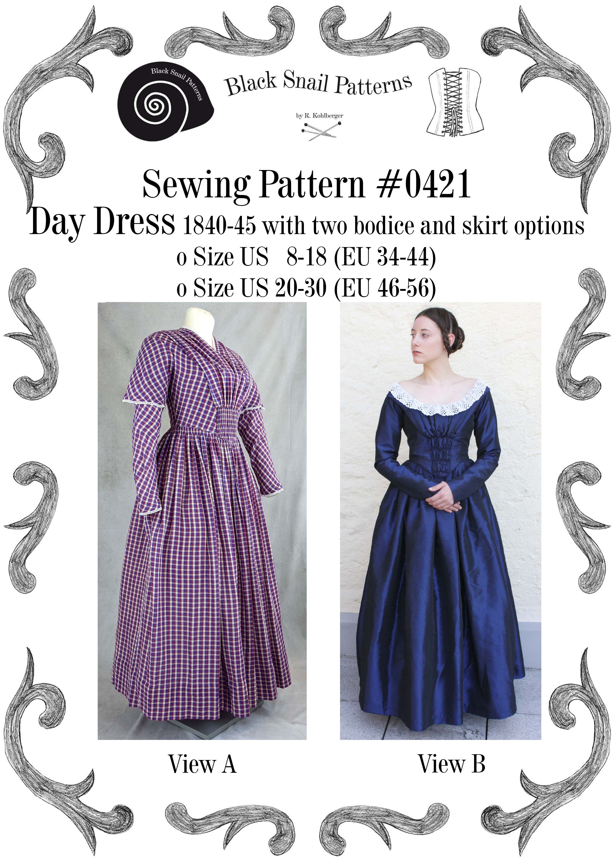#0421 Day Dress 1837-40 Sewing Pattern Size US 8-30 (EU 34-56) PDF Download