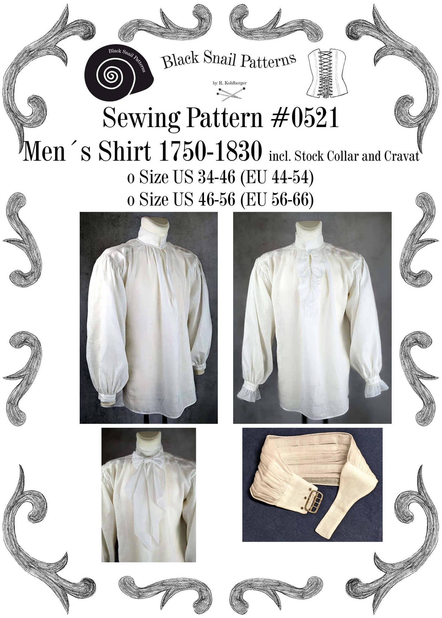 #0521 Georgian Empire Regency Mens Shirt Sewing Pattern Size US 34-56 (EU 44-66) PDF Download