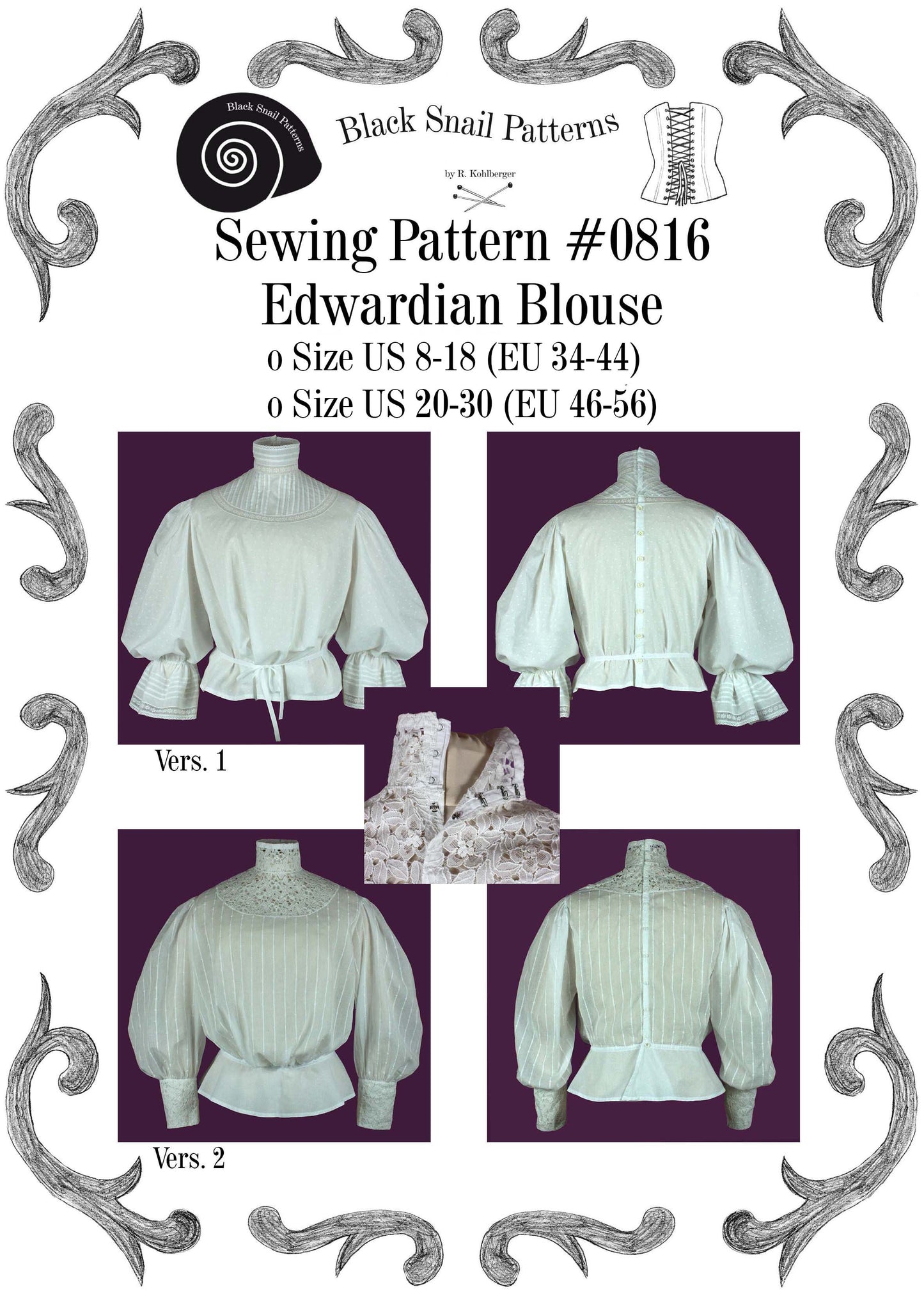 #0816 Edwardianische Bluse Schnittmuster Größe EU 34-56 PDF Download