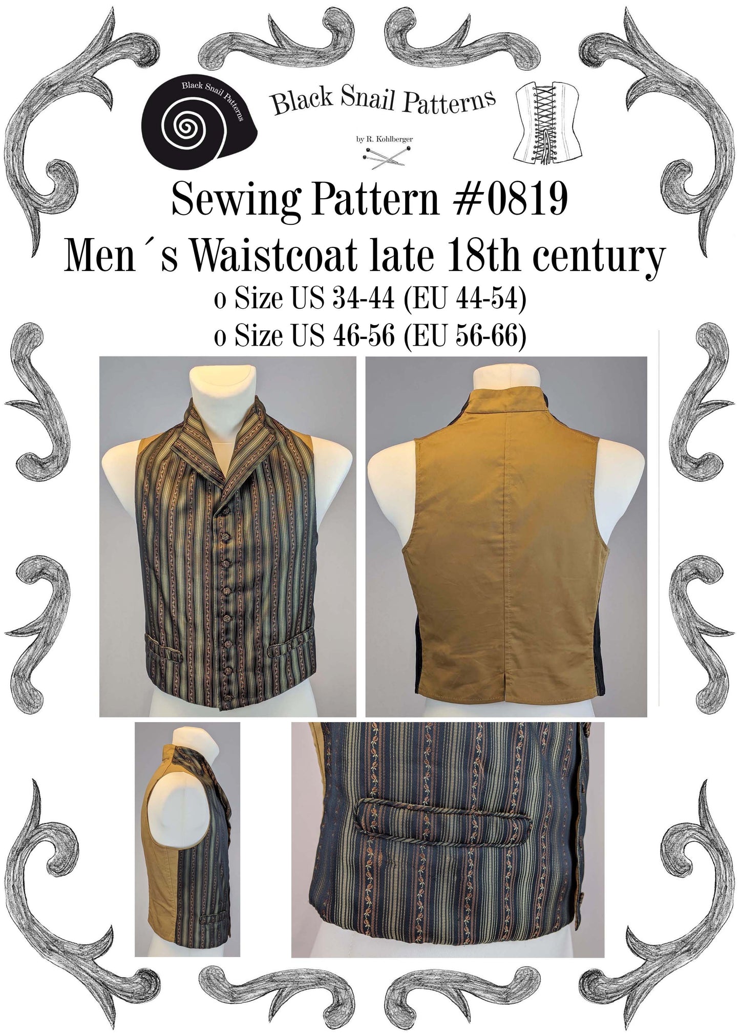 #0819 Georgian Mens Waistcoat, late 18th century Sewing Pattern Size US 34-56 (EU 44-66) PDF Download