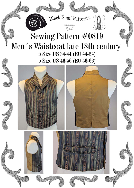 #0819 Georgian Mens Waistcoat, late 18th century Sewing Pattern Size US 34-56 (EU 44-66) PDF Download