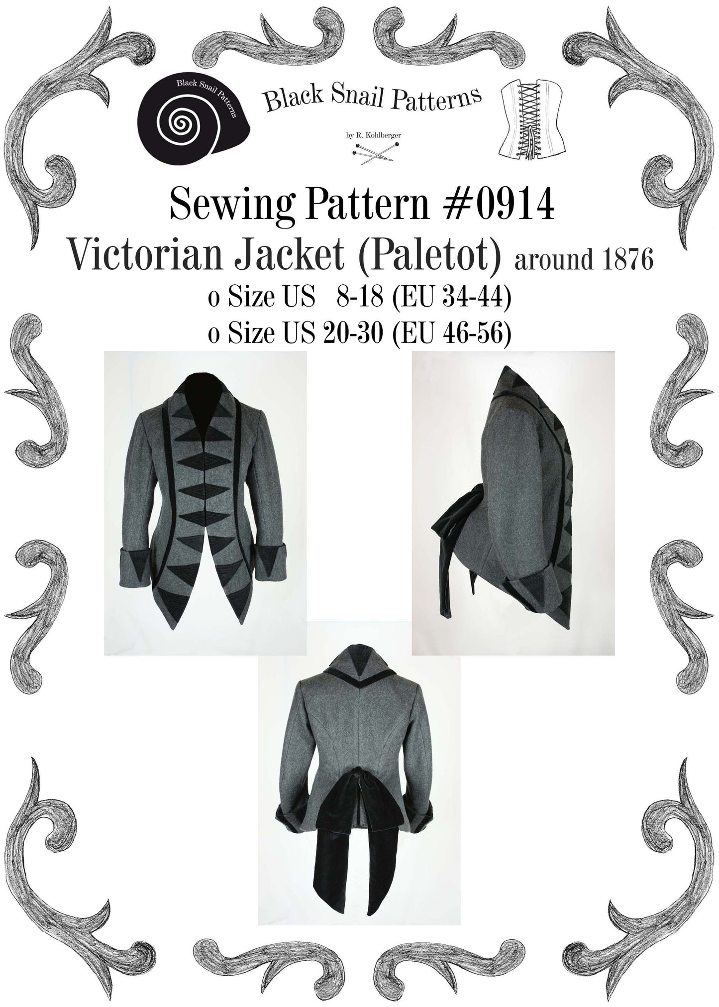 #0914 Victorian Jacket (Paletot) circa 1876 with stand-up collar Sewing Pattern Size US 8-30 (EU 34-56) PDF Download
