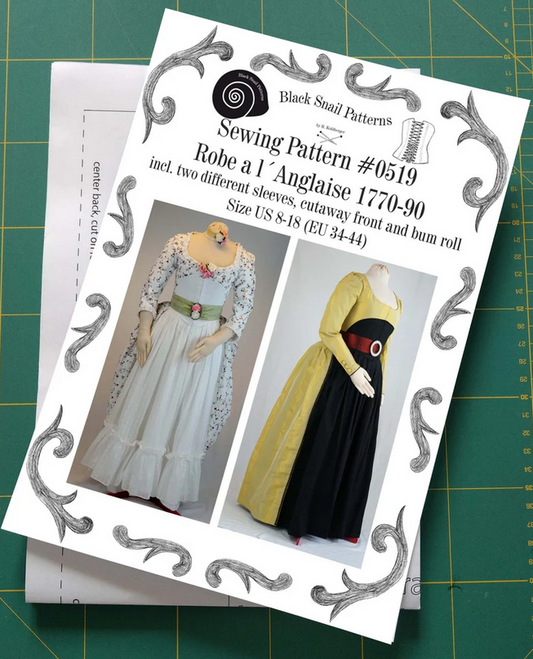 #0519 Robe a la Anglaise 1770-90 incl. two different sleeves, cutaway front and bum roll Size US 8-30 (EU 34-56) Printed Pattern