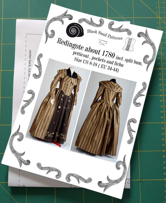 #0419 Rokoko Kleid Redingote um 1780 inkl. Po-Kissen, Taschen und Fichu Schnittmuster Größe EU 34-56 Papierschnittmuster