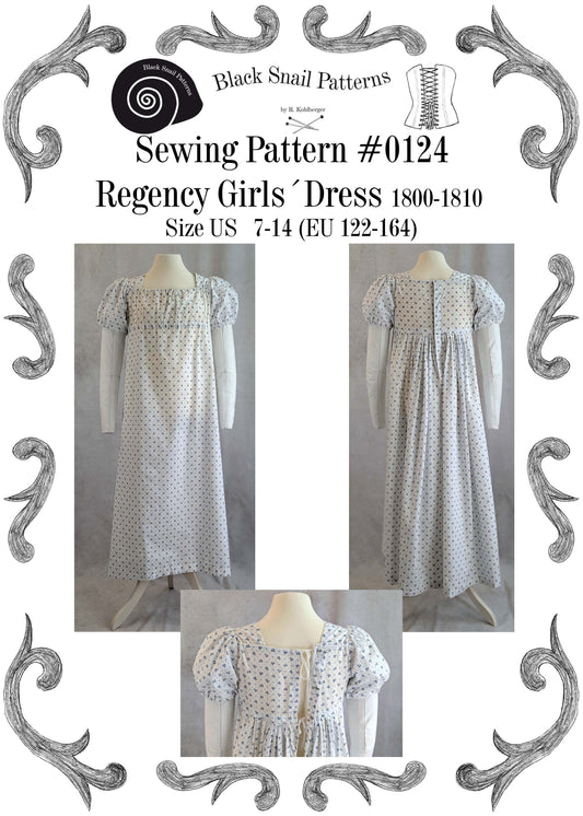 #0124 Regency Girl's Dess Sewing Pattern Size US 7-14 (EU122-164) PDF Download