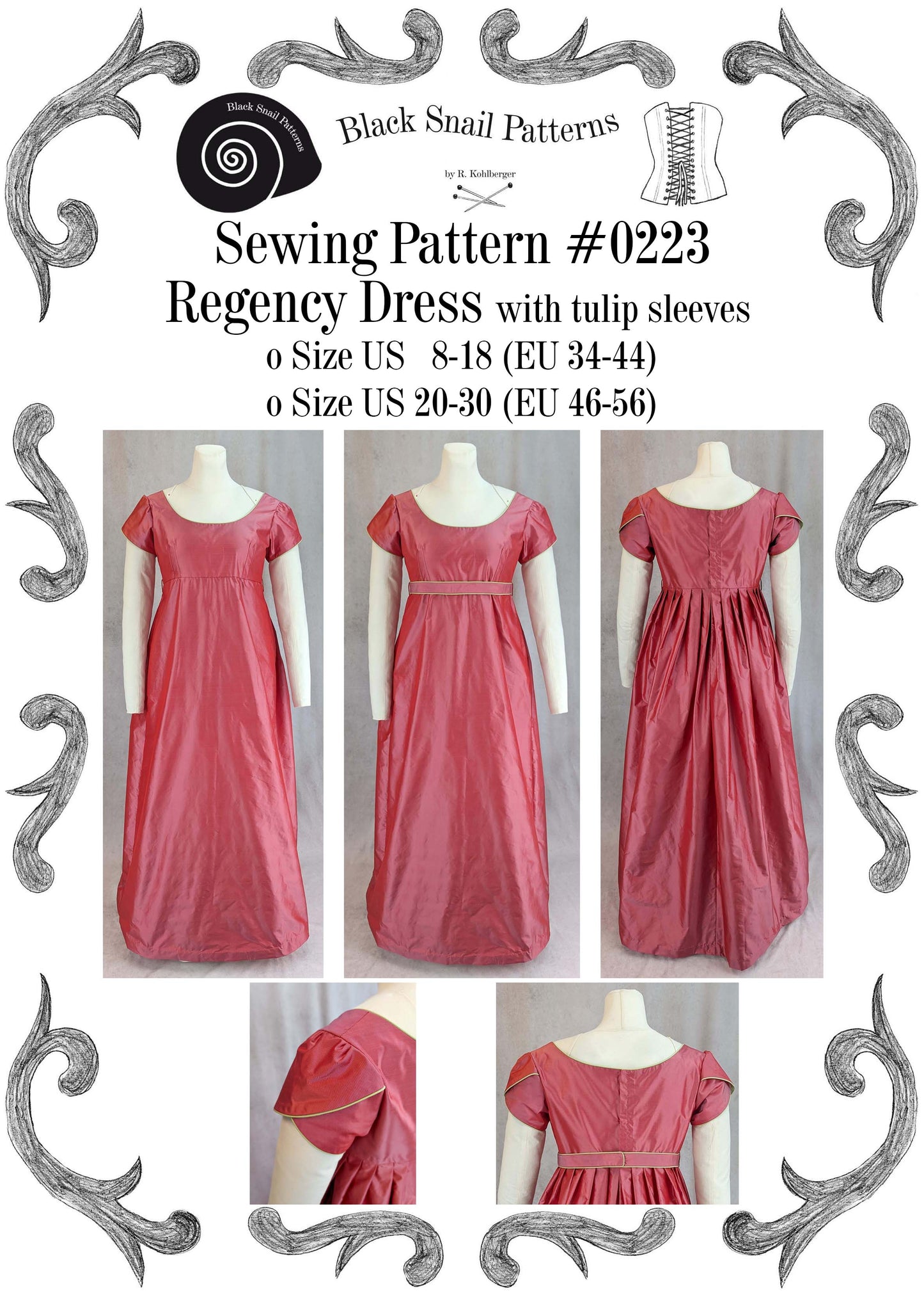 #0223 Regency dress with Tulip Sleeves Sewing Pattern Size US 8-30 (EU 34-56) PDF Download