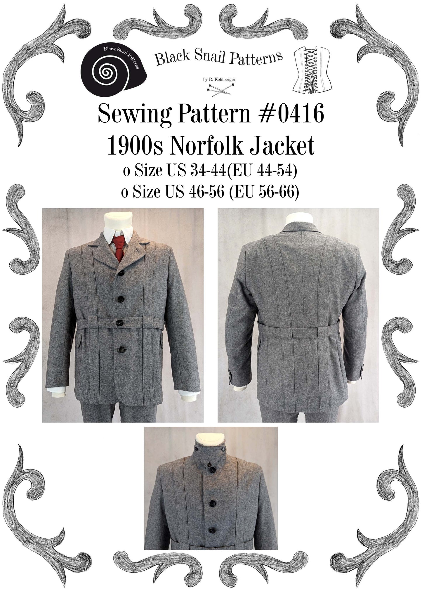 #0416 Mens Victorian Edwardian Norfolk Jacket Sewing Pattern Size US 34-48 (EU 44-58) Pdf Download