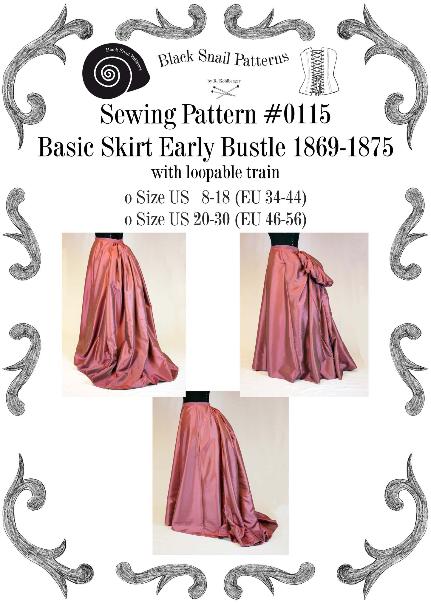 #0115 Victorian Basic Skirt, Early Bustle period with a loopable train Sewing Pattern Size US 8-30 / EU 34-56 PDF Download