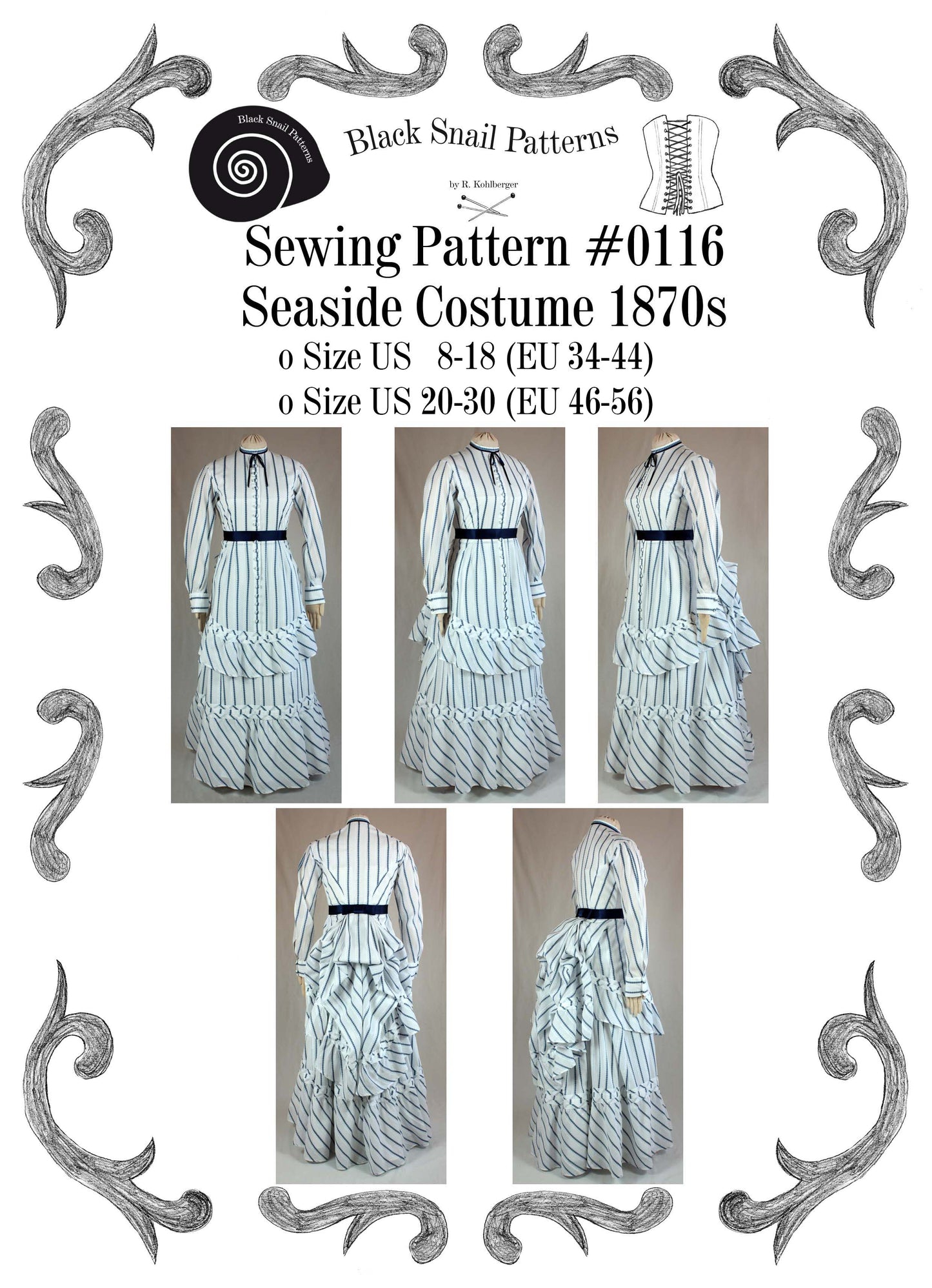 #0116 Victorian Dress Seaside Costume Sewing Pattern Size US 8-30 (EU 34-56) PDF Download
