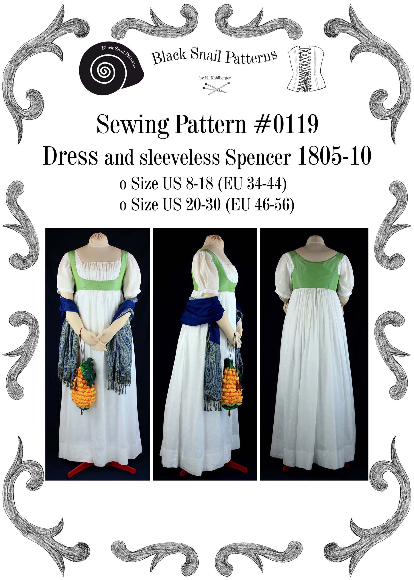 #0119 Empire / Regency dress with sleeveless Spencer 1805 to 1810 Sewing Pattern Size US 8-30 (EU 34-56) PDF Download