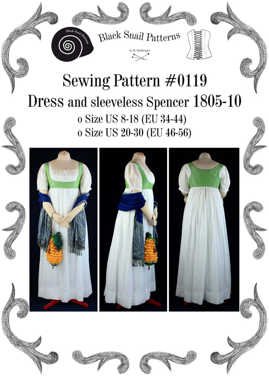 #0119 Empire / Regency dress with sleeveless Spencer 1805 to 1810 Sewing Pattern Size US 8-30 (EU 34-56) PDF Download