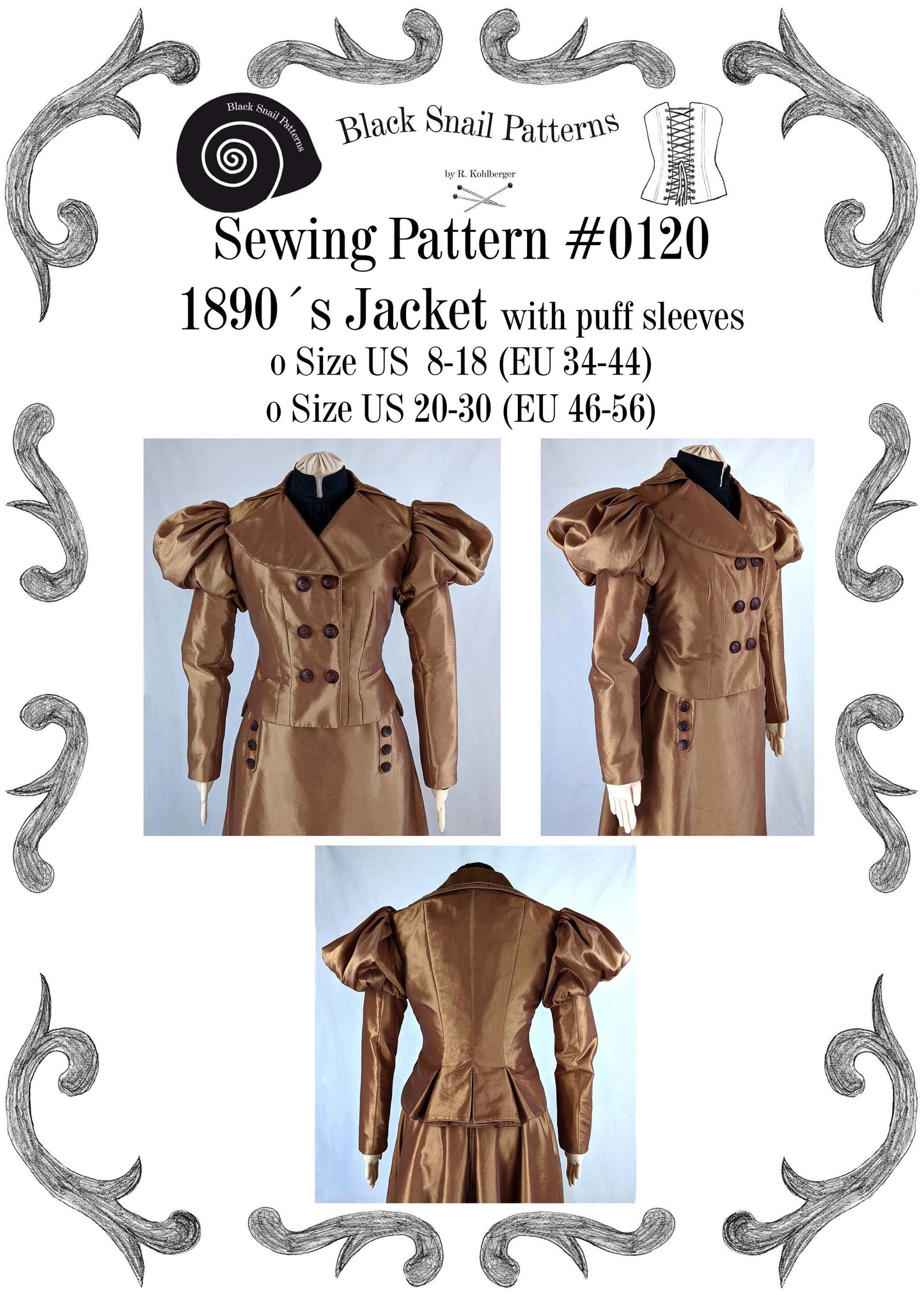 0120 Edwardian Jacket with puff sleeves 1890 Sewing Pattern Size US 8 –  BlackSnailPatterns