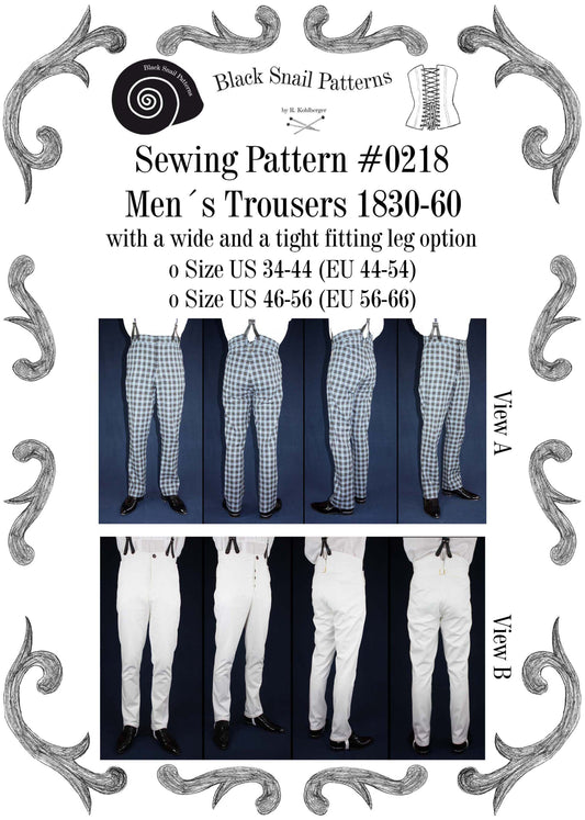 #0218 Mens Trousers 1830 to 1860 with a wide and a tight fitting leg Sewing Pattern Size US 34-56 (EU 44-66) PDF Download