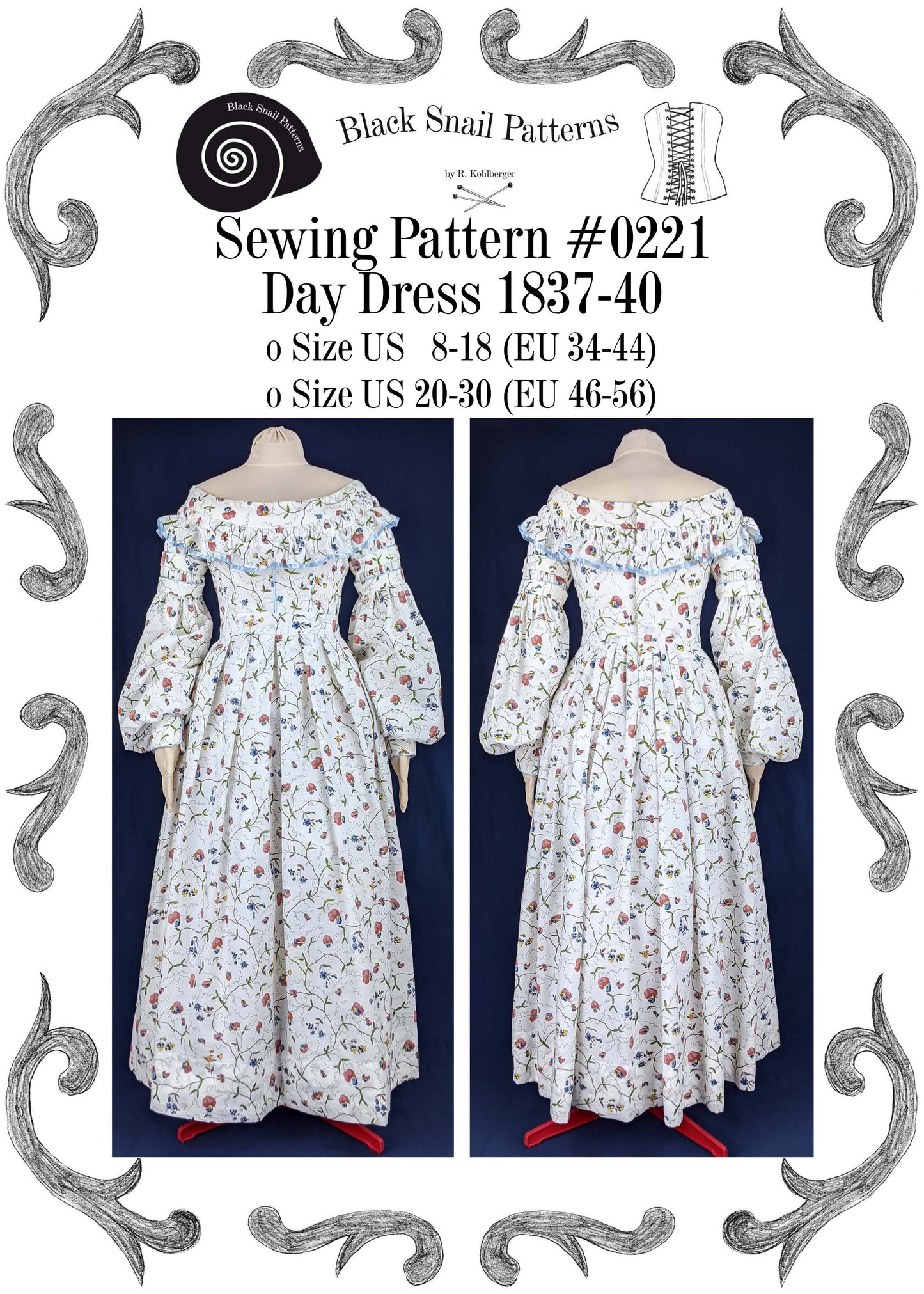 #0221 Day Dress 1837-40 Sewing Pattern Size US 8-30 (EU 34-56) PDF Download
