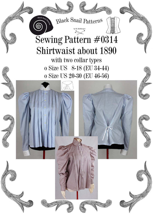 #0314 Edwardian Shirtwaist about 1890 with two collar types Sewing Pattern Size US 8-30 (EU 8-56) PDF Download