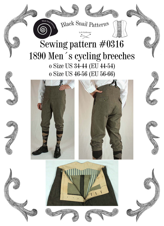 #0316 Edwardian Mens Cycling Breeches about 1890 Sewing Pattern Size US 34-48 (EU 44-58) PDF Download