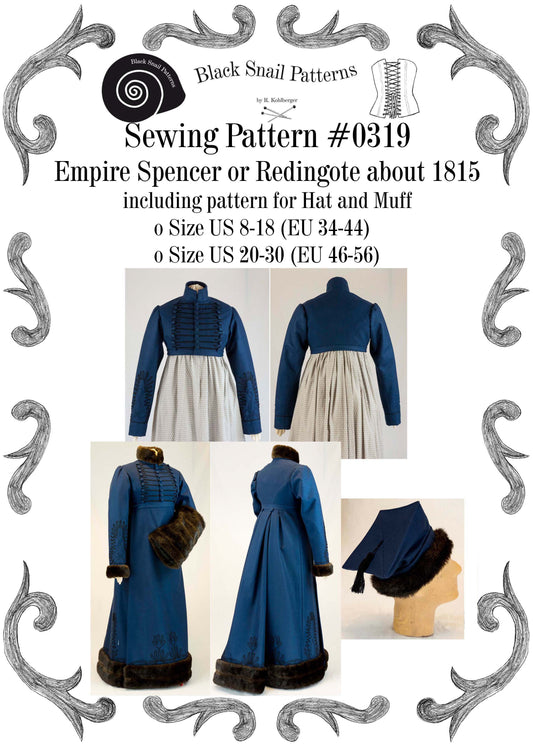 #0319 Empire Spencer or Redingote about 1815 with hat and muff Sewing Pattern Size US 8-30 (EU 34-56) PDF Download