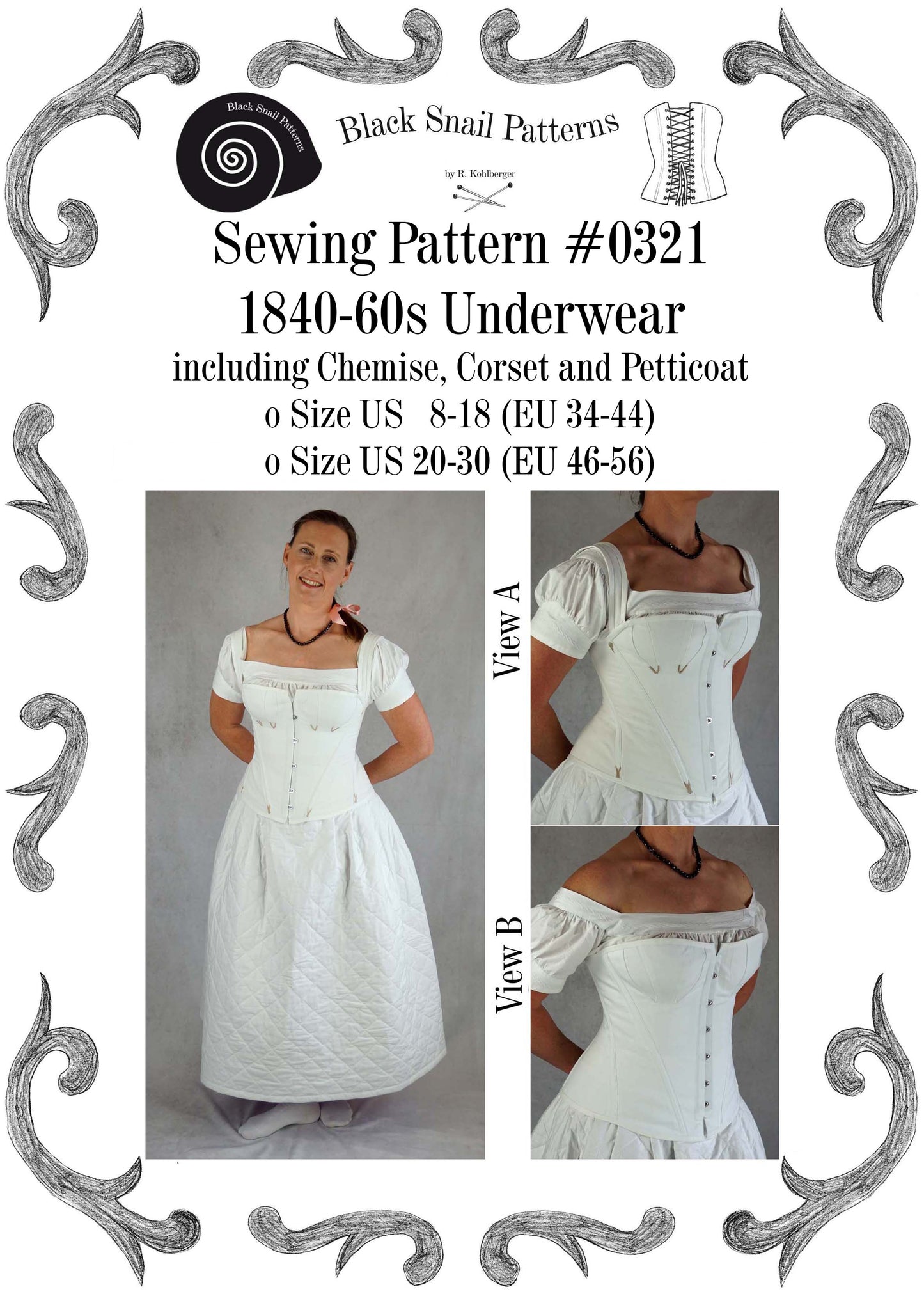 #0321 1840s to 60s Underwear, late Romantic, early Victorian, Corset, Chemise, Petticoat Sewing Pattern Size US 8-30 (EU 34-56) PDF Download