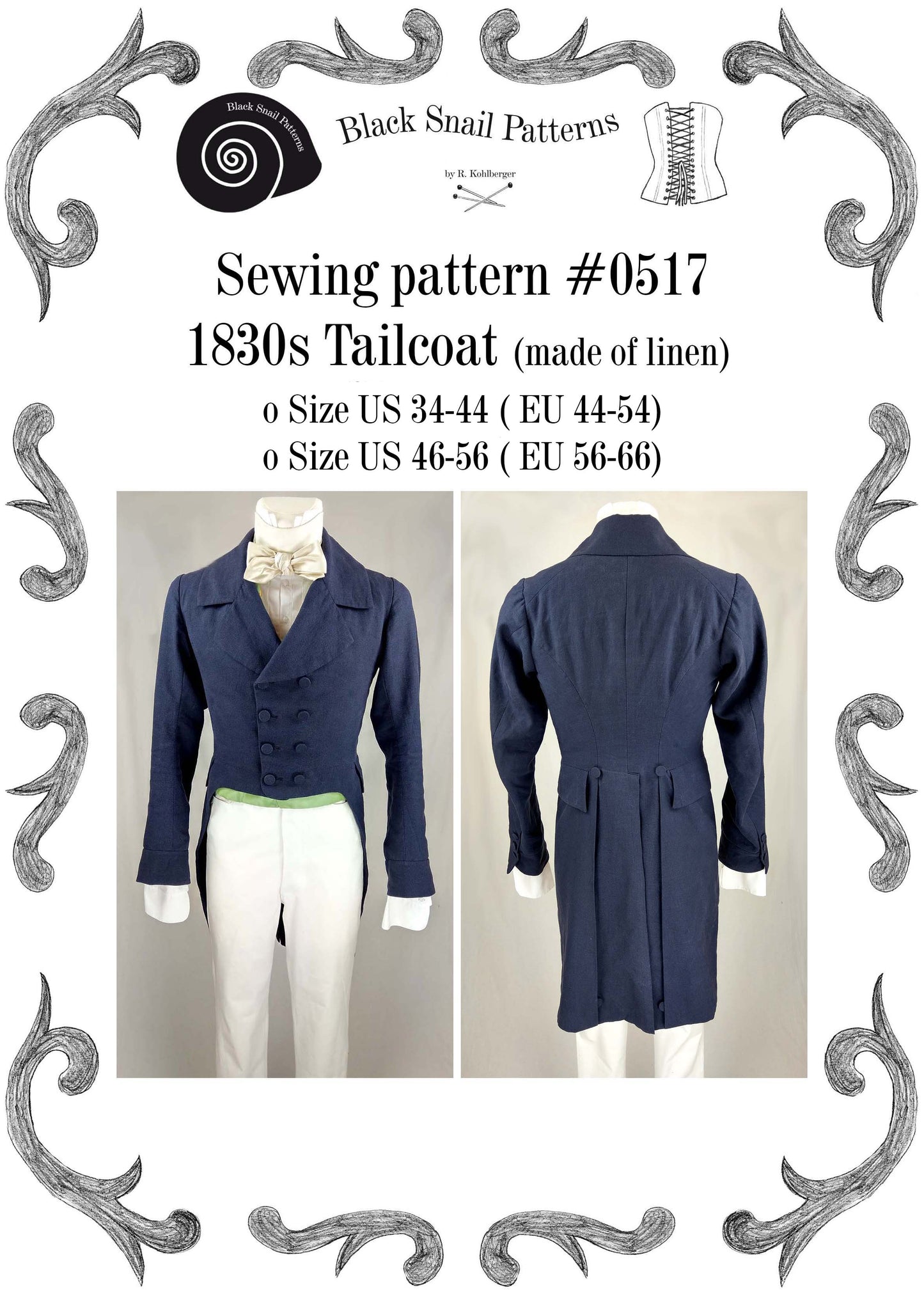 #0517 1830 Tailcoat (linen) sewing pattern Size US 34-56 (EU 44-66) PDF Download