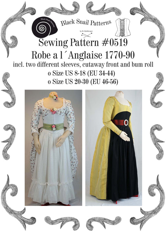 #0519 Rokoko Kleid Robe a la Anglaise 1770-90 mit zwei Ärmelvarianten, Cutaway Front und Po-Kissen Schnittmuster Größe EU 34-56 PDF Download