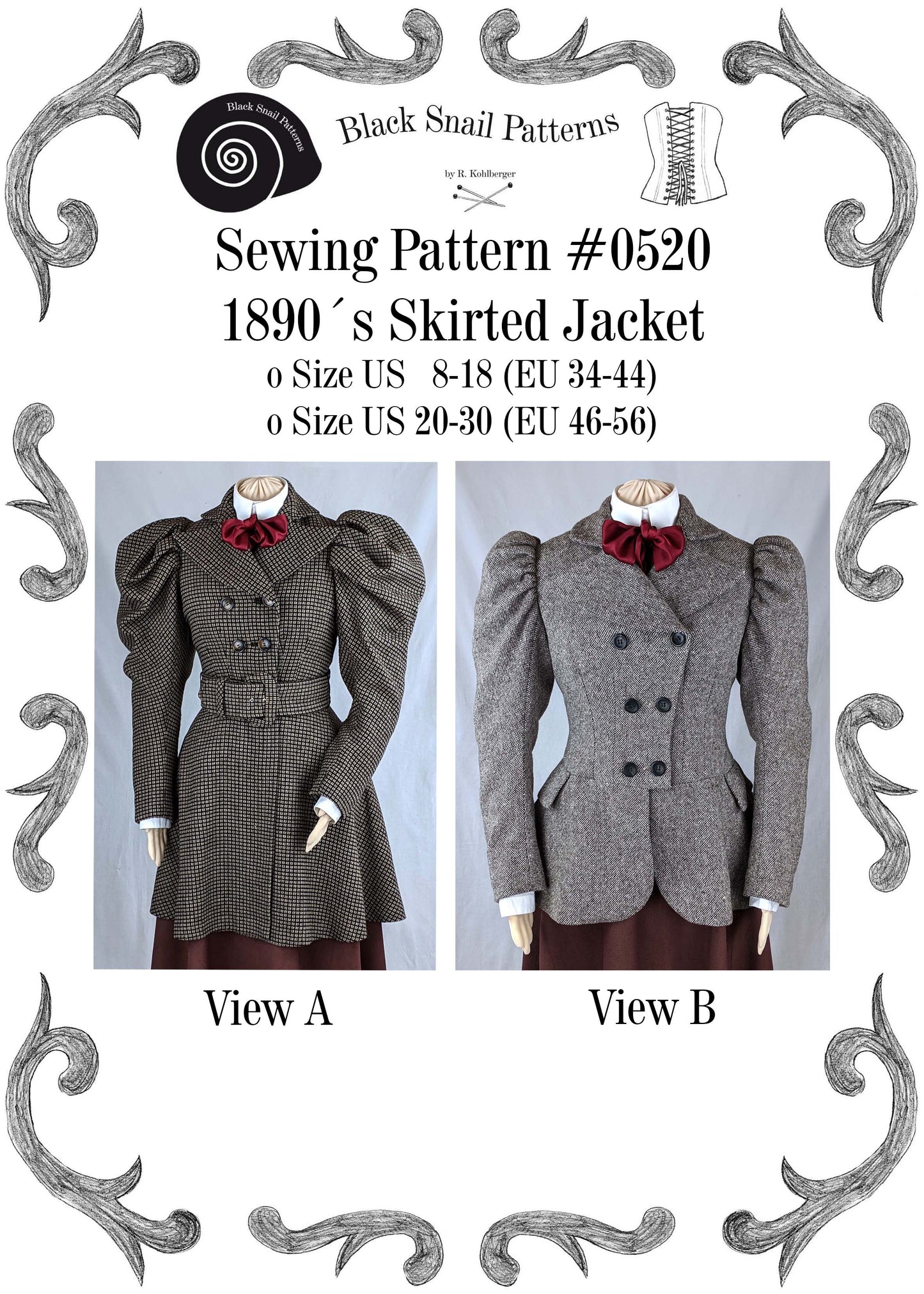 #0520 Victorian Skirted Jacket around 1890 with leg-o-mutton sleeves Sewing Pattern Size US 8-30 (EU 34-56) PDF Download