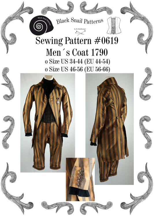 #0619 Georgian Mens Coat about 1790 Sewing Pattern Size US 34-56 (EU 44-66) PDF Download