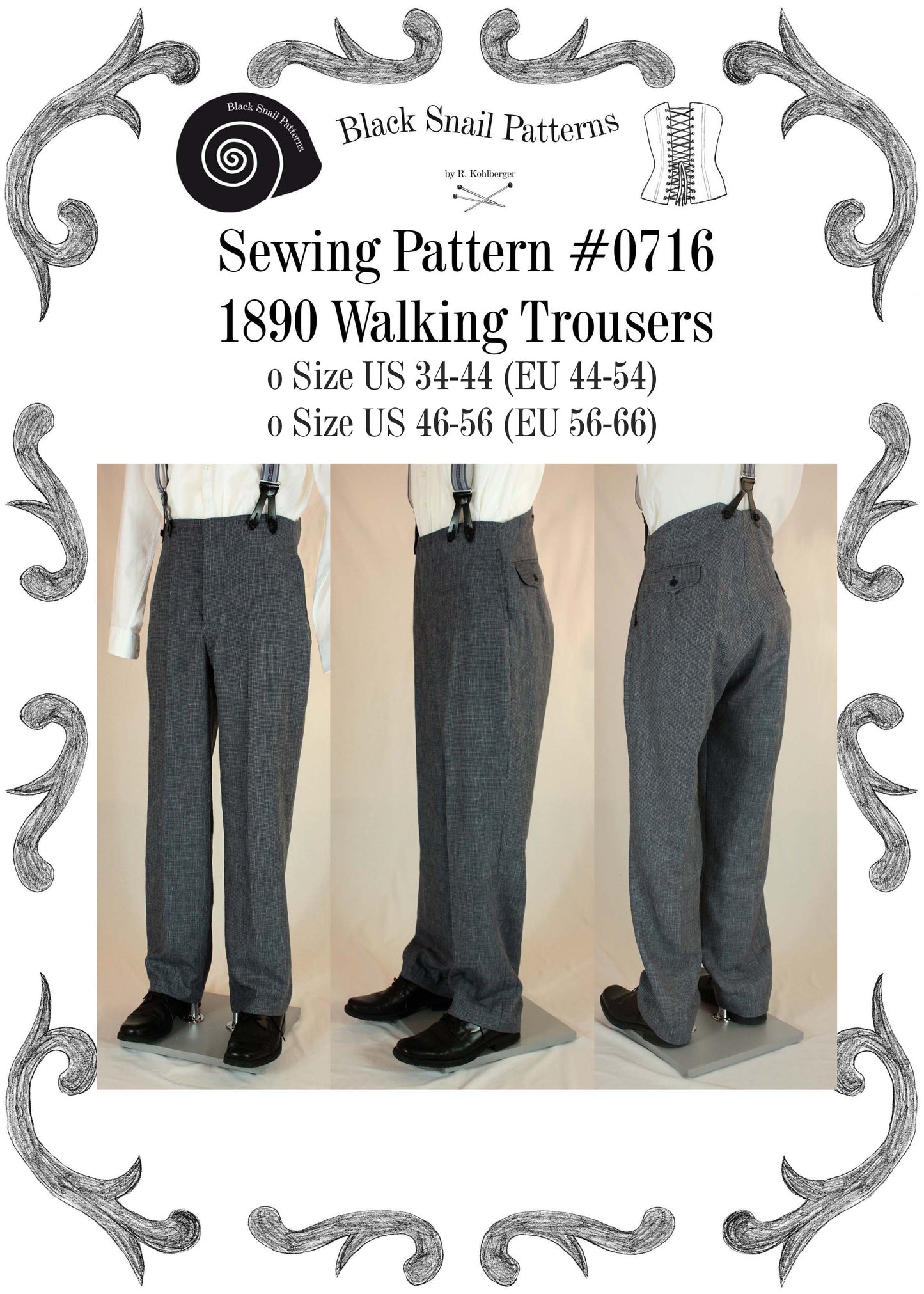 #0716 Victorian / Edwardian Mens Walking Trousers from 1870 to 1910 Sewing Pattern Size US 34-56 (EU 44-66) PDF Download