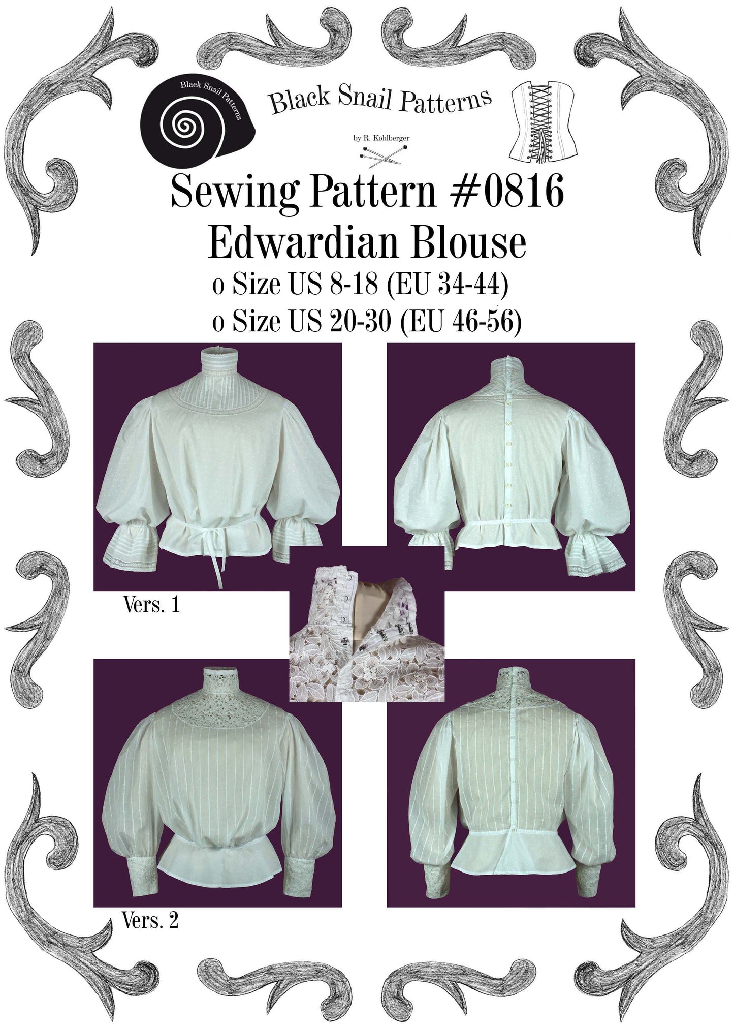 #0816 Edwardian Blouse Sewing Pattern Size US 8-30 (EU 34-56) PFD Download