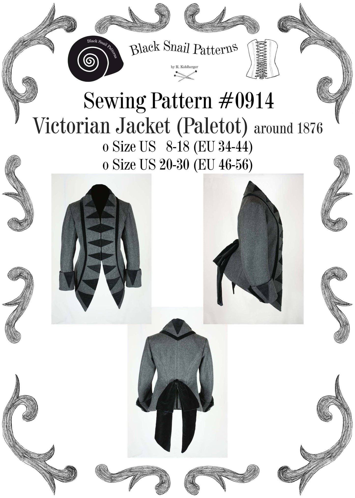 #0914 Viktorianische Jacke (Paletot) um 1876 mit Stehkragen Schnittmuster Größe EU 34-56 PDF Download