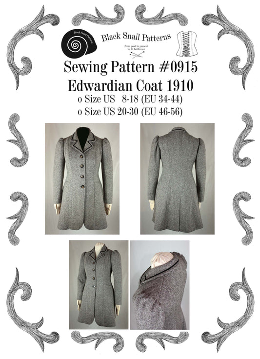#0915 Edwardian Coat 1910 Sewing Pattern Size US 8-30 (EU 34-56) PDF Download