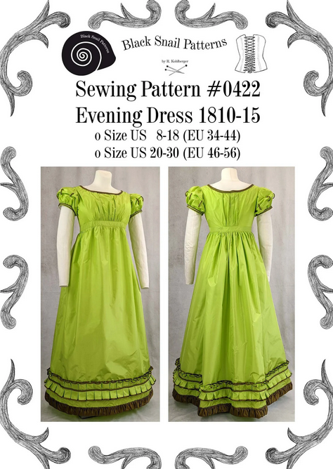 #0422 Empire / Regency evening dress 1810 to 1815 Sewing Pattern Size US 8-30 (EU 34-56) PDF Download