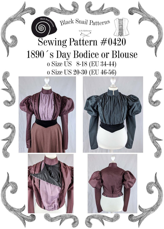 #0420 Late Victorian Day Bodice or Blouse around 1890 Sewing Pattern Size US 8-30 (EU 34-56) PDF Download